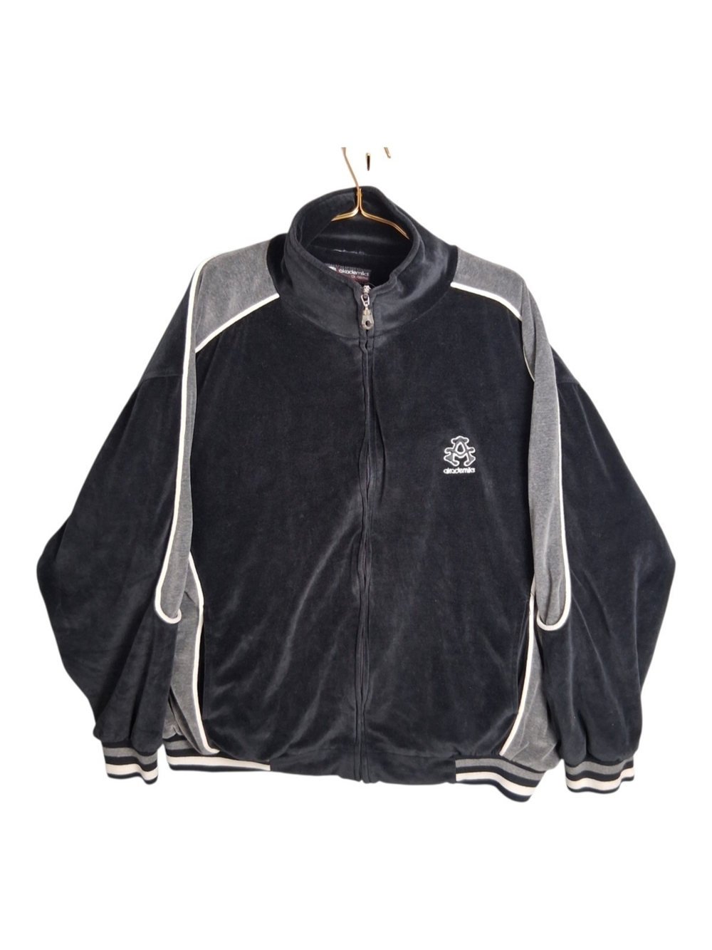 VTG Akademiks Velour Track Jacket Mens XL Black Gray Y2K Streetwear Full Zip Up